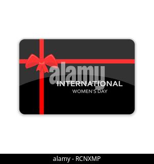 Carte de cadeau pour la Journée de la femme 8 mars. Vector illustration. Carte noire avec noeud sur fond blanc. Illustration de Vecteur