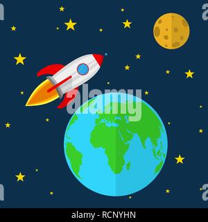 Rocket vole dans dans l'espace. Vector illustration. Vaisseau spatial, la terre et la Lune Illustration de Vecteur