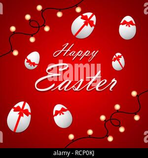 Joyeuses Pâques, résumé bannière rouge avec un oeufs et les ampoules. Vector illustration. Carte de vœux de Pâques. Illustration de Vecteur