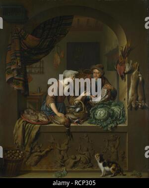 Une femme et un poisson-colporteur dans une cuisine. Musée : National Gallery, Londres. Auteur : Willem van Mieris,. Banque D'Images