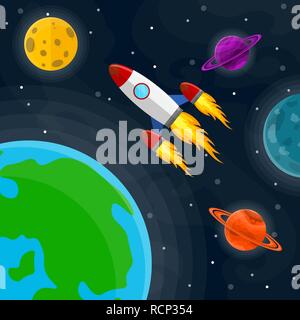 Schéma de l'espace avec les planètes, étoiles et fusée. Vector illustration. Arrière-plan de l'espace dessin animé en version plate. Illustration de Vecteur