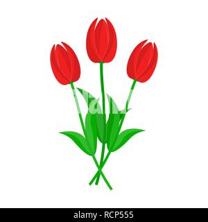 Bouquet de tulipes roses en version plate. Vector illustration. Bouquet de trois tulipes rouges, isolé sur fond blanc Illustration de Vecteur