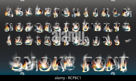 Police de fumée avec le feu. Fumé des lettres et des chiffres. L'alphabet. La combustion sans fumée vector font. Illustration de Vecteur