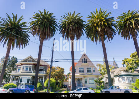 Maisons anciennes et de palmiers sur une rue dans le centre-ville de San Jose, Californie Banque D'Images