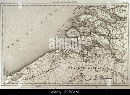 Carte de Napoléon. Embouchure de la rivière de l'Escaut (Bouches-de-L'Escaut). C'était un ministère du Premier Empire français qui a été créée en 1810, lorsque le Royaume de Hollande fut annexée par la France. (Pays-bas). L'Escaut est un fleuve qui traverse la France, né en Belgique et se jette dans la mer du Nord formant un estuaire. Atlas de l'Histoire du Consulat et de l'Empire. Histoire du Consulat et l'Empire de la France sous Napoléon par Marie Joseph Louis Adolphe Thiers (1797-1877). Dessins par Dufour, gravures par Dyonnet. Édité à Paris, 1864. Banque D'Images