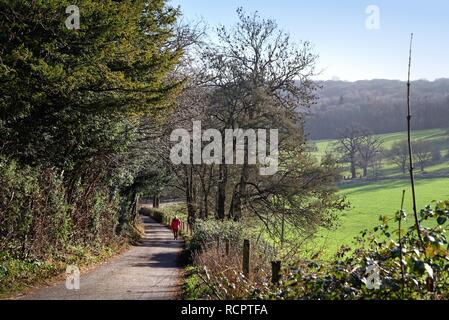 Vieux monsieur en manteau rouge à monter une route vallonnée sur Ranmore Common Surrey Hills, sous le soleil d'hivers jour, près de Dorking England UK Banque D'Images