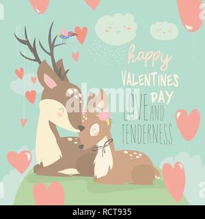 Cerfs Cartoon couple avec coeurs de ballons. Happy Valentines Day Illustration de Vecteur