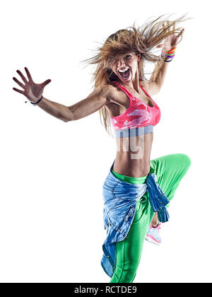 Une femme caucasienne danseurs zumba fitness danse exercice exercices en studio isolé sur fond blanc Banque D'Images