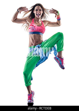 Une femme caucasienne danseurs zumba fitness danse exercice exercices en studio isolé sur fond blanc Banque D'Images