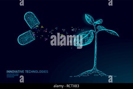 La biotechnologie végétale sprout concept abstrait. Des plantules de rendu 3D de l'ADN des feuilles de l'ingénierie des génomes supplément vitaminique. La science médicale eco vie triangles polygone poly faible vector illustration Illustration de Vecteur