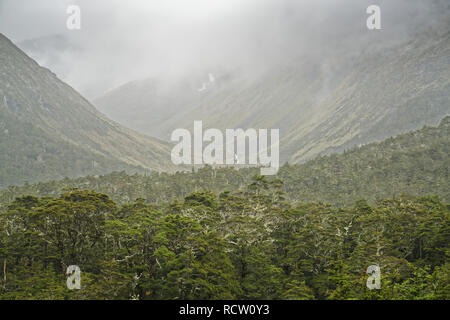 Météo Moody sur une vallée glaciaire, St James Walkway, Nouvelle-Zélande. Banque D'Images