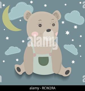 Cute cartoon bear entouré par des étoiles, les nuages et la lune. Illustration de Vecteur