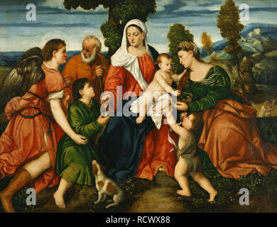 La Sainte Famille avec Tobias et l'Ange, Dorothy, Saint Jean le Baptiste et le miracle du maïs. Musée : National Museum of Western Art, Tokyo. Auteur : Veronese (de' Pitati), Bonifacio. Banque D'Images