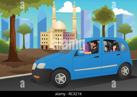 Un vecteur illustration de la famille musulmane la conduite dans une voiture Illustration de Vecteur