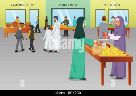 Un vecteur illustration de peuple musulman du shopping dans un marché traditionnel Illustration de Vecteur