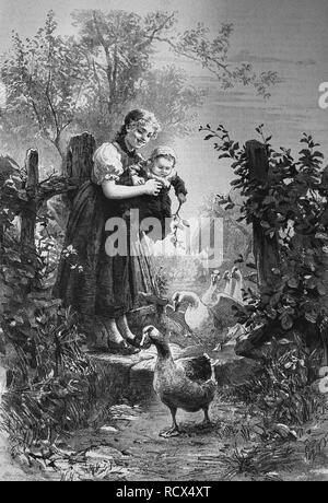 Fille avec sa petite sœur la garde des canards, gravure sur bois, gravure historique, 1880 Banque D'Images