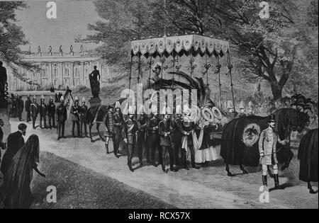 Cortège funèbre de l'empereur Frédéric III, Frederick William Nicholas Charles de Prusse, 1831-1888, gravure sur bois Banque D'Images