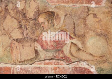Fresque historique sur le portail de l'Abbazia Chiaravalle della Colomba, la plus ancienne abbaye cistercienne en Italie, Emilie Romagne, Italie Banque D'Images
