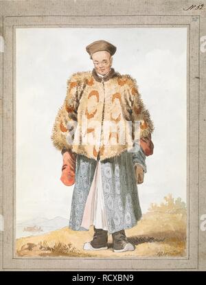 Portrait d'un chinois dans sa robe d'hiver. Portrait d'un homme debout face à l'avant pleine longueur vêtus de fourrures à motifs-cape, cap, tunique longue et des bottes, avec le paysage en arrière-plan. Signé avec les initiales en bas à droite et collés sur le mont avec washlines. . [Une collection de 80 Vues, cartes, portraits et dessins d'illustration de l'ambassade envoyée en Chine sous la direction de George, comte de Macartney, en 1793, tirée principalement par William Alexander, certains par Sir John Barrow, Bart., certains par Sir Henry Woodbine Parish, et un par William Gomm. Beaucoup d'entre eux sont gravés en Sir George Staunton's Narrative of t Banque D'Images