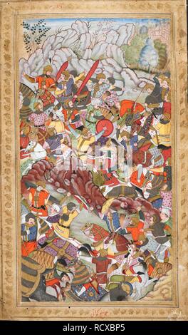 La bataille de Panipat entre les armées de Babur et Ibrahim Lodi (1526) (Edo Gujarati). Vaki'at-i Baburi, les mémoires de Babur, traduit de l'original par Turki Mirza Abd al-Rahim, Khan-i khanan. Cent quarante-trois miniatures (surtout avec des attributions). c.1590. Aquarelle opaque. Style moghol moghol Akbar ;/style. Source : Ou. 3714 Vol.4 f.368. Banque D'Images