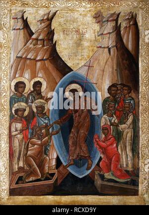 La descente en enfer. Musée : monastère des grottes, Kiev. Auteur : icône russe. Banque D'Images