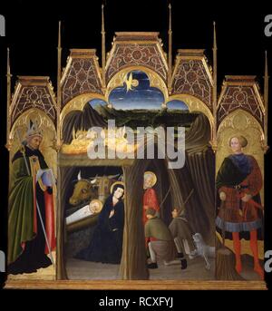 L'Adoration des bergers entre les Saints Augustin et Galgano. Musée : Museo Civico Archeologico e d'Arte Sacra Palazzo Corboli Asciano. Auteur : Pietro di Giovanni d'Ambrogio. Banque D'Images