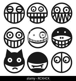 Ensemble de l'icône de masque de caractère de dessin animé en noir et blanc style plat. Vector illustration Illustration de Vecteur