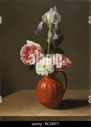 Un iris et trois roses dans un pot en terre cuite. Musée : Fondation Custodia. Auteur : Jacob van Es, Foppens. Banque D'Images