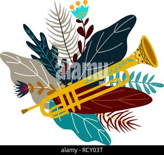 Isolé sur fond blanc trombone et de feuilles avec des fleurs. L'élément décoratif télévision doodle pour la conception, vector Illustration de Vecteur