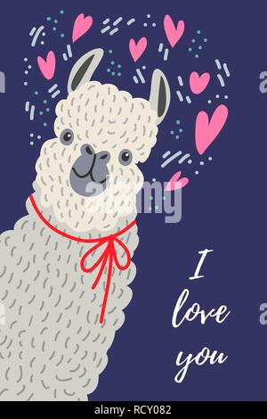 Je vous aime, cute llama avec coeur, gabarit pour carte et votre conception. Dessin à la main télévision doodles Illustration de Vecteur