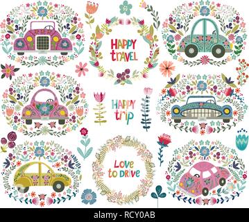 Jeu de dessin à la main cute cartoon voiture avec un des éléments et des motifs floraux sur fond blanc. Doodle folk télévision Illustration de Vecteur