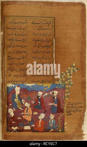 Les sept sages (vizirs) y compris Sinbad discuter de ce qui est à faire. Sinbadnama, l'histoire de Sinbad, dans une version persane anonyme, avec 72 miniatures. c.2666. Source : I.O. 3214 islamique, f.14v. Langue : Persan. Banque D'Images