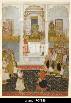 Shah Jahan dans durbar, tenant un rubis dans sa main droite ; 'chauri'-drapeaux se tiennent de chaque côté de lui et un accompagnateur avant lui est titulaire d'un bac de bijoux. Sur la gauche est le Prince Alamgir (Aurangzeb) qui rend hommage à son père. L'emplacement est le Diwan-i-Am à Delhi. c.1650. Aquarelle opaque. Source : Add.ou.3853. Banque D'Images