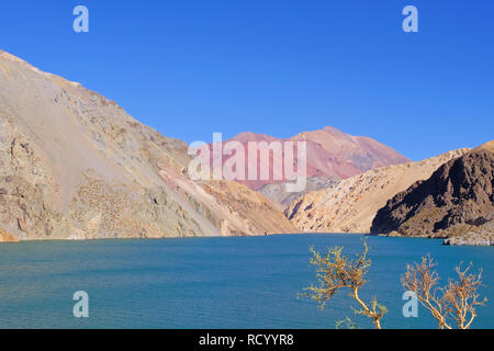 Laguna Agua Negra lagoon avec montagnes andines à la route pour le paso Agua Negra, de vigogne, de la vallée d'Elqui, Chili Banque D'Images
