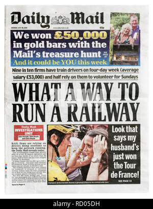 La première page du Daily Mail du 30 juillet 2018 avec une critique du système ferroviaire du Royaume-Uni Banque D'Images