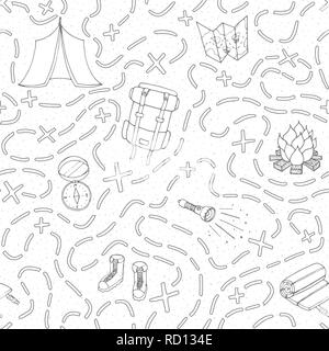 Hand drawn vector seamless pattern avec sac à dos de camping, Bonfire, chaussures, carte, tente, sac de couchage, lampe, boussole et le chemin vers l'emplacement correspondant. T Illustration de Vecteur