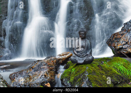 Statue de Bouddha assis en face d'une cascade Banque D'Images