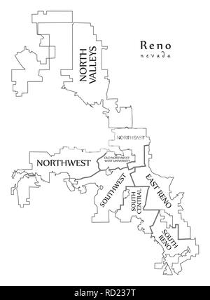 Plan de la ville moderne - Reno Nevada City des USA par les quartiers et les titres contour plan Illustration de Vecteur