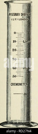 . La chimie des produits laitiers ; un manuel pratique pour les chimistes et d'autres d'avoir le contrôle de laiteries. Les produits laitiers. Sl'gravité particulières l'estimation. 75 à soustraire est 1-1, donnant la densité corrigée à 60° F. que 32-39°  = 1-0329 ; ou si la température est de 66° et la gravité spécifique 29°, la correction à ajouter est 0-8 et la gravité spécifique est 29-8°  = 1-0298. Ne prenez jamais le poids spécifique d'un lait sans en notant également la température et la correction à 60° Fahrenheit. Au lieu de lire à partir du bas de la courbe et faire une allocation, le lactometers mentale peut être lu à partir de Banque D'Images