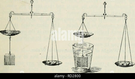 . Physique et chimie élémentaire : première étape. La science. Principe d'Archimède. 65 suspendre l'objet d'un pan de l'équilibre, comme montré dans Fig. 43, et déterminer sa masse en grammes. Portez maintenant un bateau de l'eau dans la casserole afin que l'objet est immergé en elle, comme dans la Fig. 44. Le pan s'élève, indiquant une perte de poids. Mettre gramme poids dans la poêle jusqu'à ce que l'équilibre définit horizontalement comme avant. Vous trouverez donc la perte apparente de la masse en raison de la flottabilité de l'eau. Remarquez que le nombre en donnant cette perte en grammes est la même que celle donnant le volume d'eau en centimètres cubes dis- place Banque D'Images