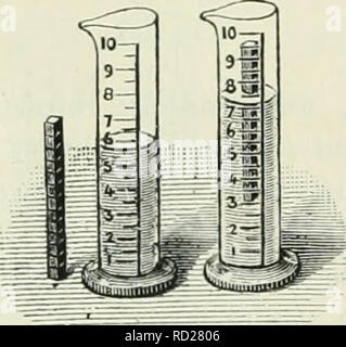 . Physique et chimie élémentaire : première étape. La science. 6o de la PHYSIQUE ET DE LA CHIMIE ÉLÉMENTAIRE. Leçon XVI. Choses qui flottent dans l'eau. Travail pratique. Les choses requises.-tige rectangulaire de bois, je cm carrés. dans la section et d'environ 15 cm. de long, avec des lignes autour d'elle i cm. de l'autre. Un petit morceau de bois est l'une des extrémités de l'arraché les, et le plomb est mis dans le trou ; et la fin est ensuite prise télévision en remplissant avec de la cire. Pot gradué. Un lactometer. Test tube étroit avec le mercure ou tourné en elle. L'équilibre et fort des poids. Ce qu'il faut faire. Mettre de l'eau dans le pot, et l'avis de son niveau. Trouver la masse Banque D'Images