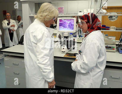 La duchesse de Cornwall, connue sous le nom de duchesse de Rothesay, discute avec l'étudiante Sadaf Ashraf, alors qu'on lui montre une articulation du genou sur un écran dans un laboratoire de recherche du Centre d'arthrite et de santé musculosquelettique lors d'une visite à l'École de médecine, de sciences médicales et de nutrition de l'Université Aberdeen. Banque D'Images