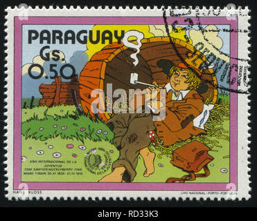 Russie KALININGRAD, 22 avril 2017 : timbres par le Paraguay, indique Mark Twain Les aventures de Tom Sawyer, vers 1985 Banque D'Images