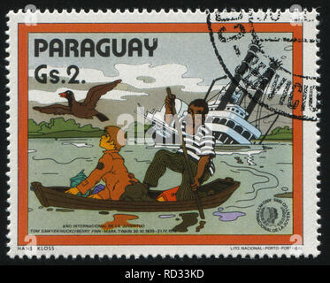 Russie KALININGRAD, 22 avril 2017 : timbres par le Paraguay, indique Mark Twain Les aventures de Tom Sawyer, vers 1985 Banque D'Images