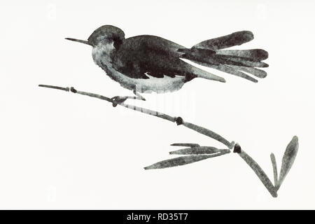 La formation en dessin sumi-e (suibokuga) with style - oiseau sur branche de bambou est dessiné à la main sur papier crème Banque D'Images