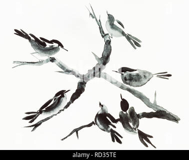 La formation en dessin sumi-e (suibokuga) with style - oiseaux sur arbre sont dessinés à la main sur papier crème Banque D'Images