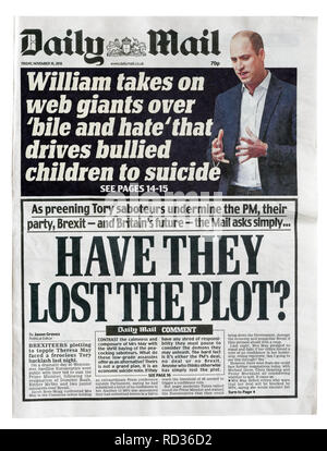 La première page du Daily Mail du 16 novembre 2018 avec le titre qu'ils ont perdu la parcelle, sur les tentatives des conservateurs pour bloquer l'Brexit Theresa peut traiter Banque D'Images