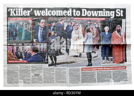 Une double page du Daily Mail du 20 octobre 2018 avec le titre Killer accueilli à Downing Street Banque D'Images