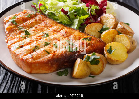 Espadon grillé avec une salade de pommes de terre frites et salade fraîche close-up sur une plaque sur une table de bois horizontal. Banque D'Images