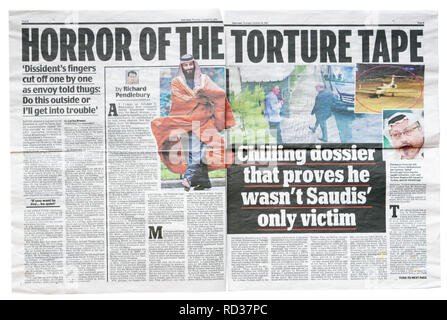 Une double page du Daily Mail du 18 octobre 2018 avec le titre l'horreur de la torture Tape Banque D'Images